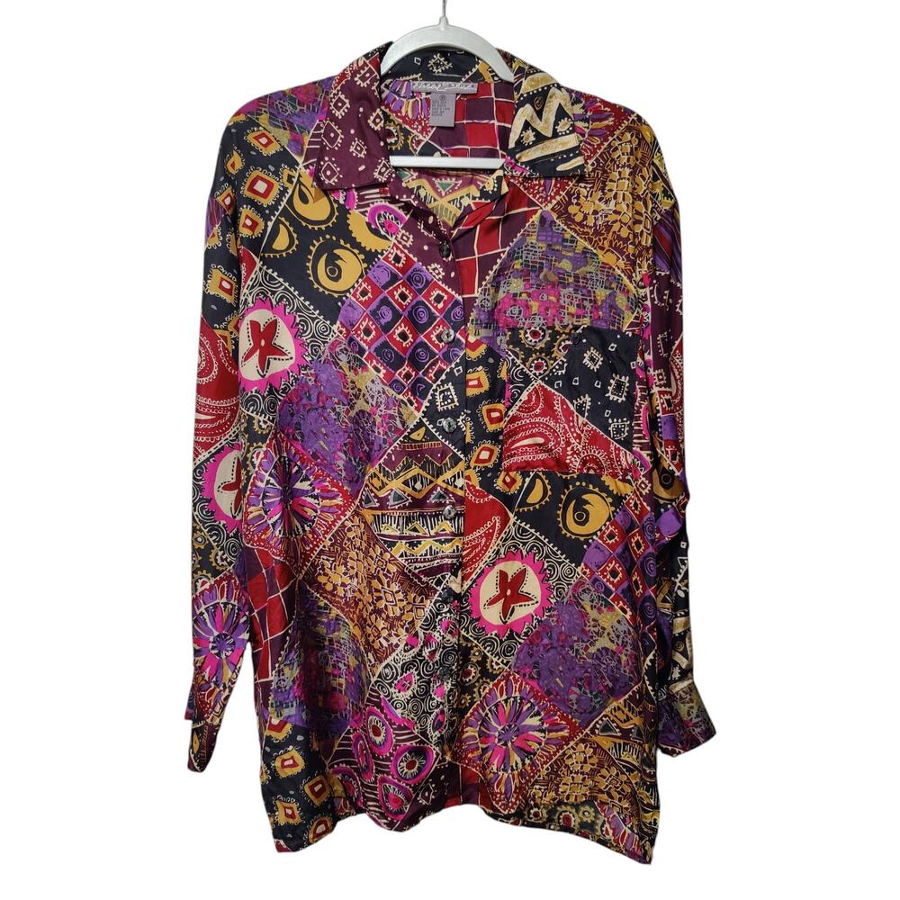 Vintage 90s Robert Stock Womens Sz M 100% Silk Blouse Patchwork Boho Art to Wear